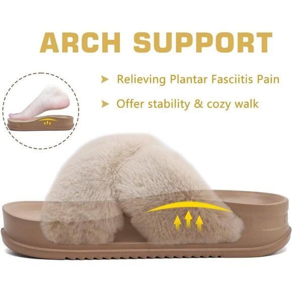 Women's Cream Fuzzy Faux Rabbit Furry Fur Cross Band Arch Open Slippers Shoes - Picture 3 of 8
